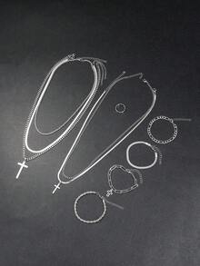 17KM Conjunto de 10 peças de colar, pulseira e anel minimalistas punk hip hop com cruz, unissex, adequado para encontros, férias, uso diário e casamento