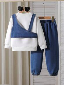 3 件套小男孩休闲套装：纯色运动衫 + 宽松牛仔裤 + 时尚牛仔背心 - 白色 - 查看 2