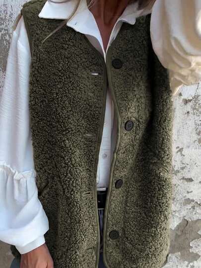 Damen Lässige einfarbige Knopf Echt Tasche offene Vorderseite ärmellose Kunstpelz Weste, Herbst/Winter