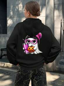 Mujer003-1 Sudadera de mujer Halloween invierno sudadera de manga larga es cómoda y suave Sudadera negra con diseño festivo de fantasma de halloween, con gorro con pompon rosa, gafas de perlas y vaso de jugo de color rosa y calabaza decorativa - Negro - Ver 1