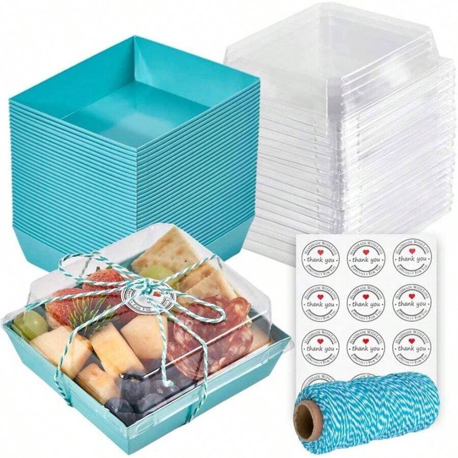 50 Pack Small Charcuterie Boxes With Lids - To Go Paper Charcuterie Box, Disposable Food Containers, 5Inch Dessert Boxes - Sandwich, Cookie, Sushi, Cake Slice, Strawberries Brown - Màu xanh lam - Xem 1