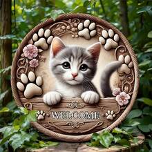 1pc Vintage Round Metal Welcome Sign - 2D Flat Wall Art With Cute Cat & Floral Design, Suitable For Indoor/Outdoor Use, Country Home Decor, Perfect Gift, Fits Home, Cafe, Apartment, Restaurant, Living Room, Outdoor Decor, Cafe Decor, Farmhouse Style, Durable Metal Plaque, 2D Flat - Multicolor - View 5
