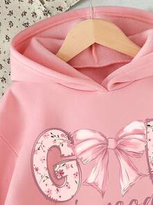 Young Girl Bow & Letter Print Warm Hoodie Sweatshirt