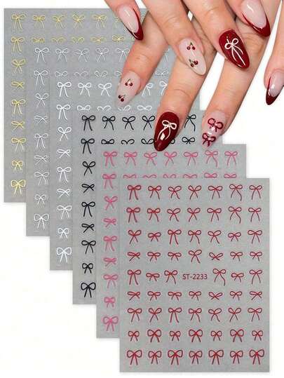 6/12/18/24/30 张情人节蝴蝶结女士美甲贴纸、自粘式 3D 蝴蝶结指甲贴花、可爱丝带指甲贴纸，适合 DIY 美甲设计、美甲用品配件
