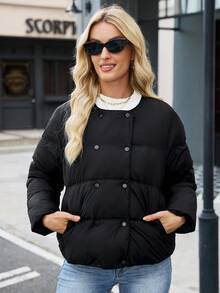 Women's Winter Solid Color Double-Breasted Jacket, Fashionable Short Quilted Coat, Winter Casual Round Neck Overcoat, With Pockets, Winter Clothing