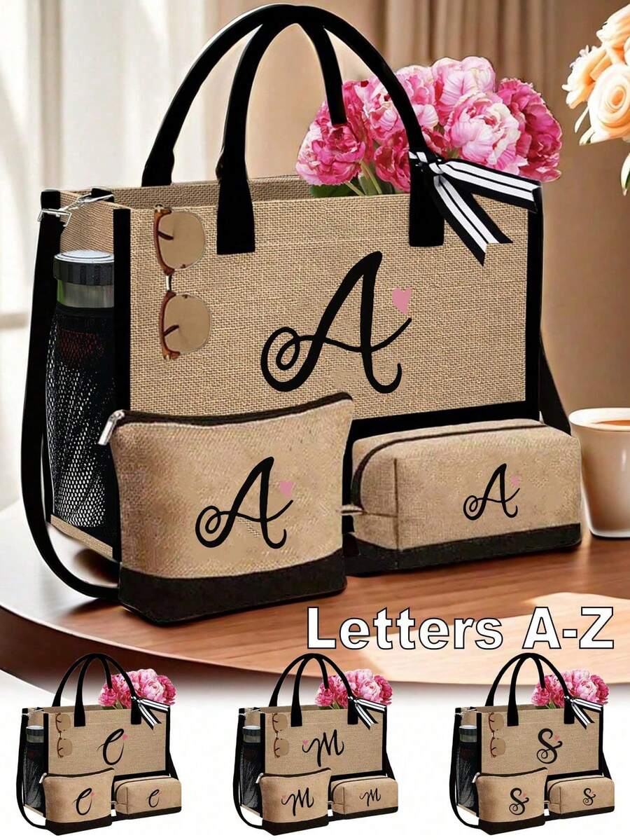 字母帆布手提袋套装，包含化妆包、洗漱包、钱包和个性化礼品袋，时尚休闲单肩包，适合婚礼、生日、海滩、度假、节日、上学等场合，是送给女性、妈妈、老师和朋友的绝佳礼物。 - 彩色 - 查看 1