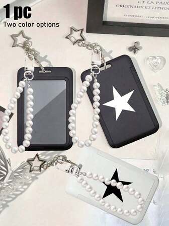 Porta-cartão Preto e Branco com Pingente de Estrela, com Pingente de Pérola, Design de Padrão de Estrela de Cinco Pontas, Pingente de Bolsa, Chaveiro, Pode Segurar Cartão de Identificação, Cartão de Celebridade, Cartão de Ônibus, Cartão de Refeição, Cartão de Metrô, Foto, Cartão de Residência, Capa Protetora de Cartão de Acesso, Pode Ser Usado Diariamente, Decoração ou Como Presente para Amigos, Família, Namorados, Presente do Dia dos Namorados, Presente de Aniversário, Presente de Partida do Dia das Mães, Presente de Volta às Aulas