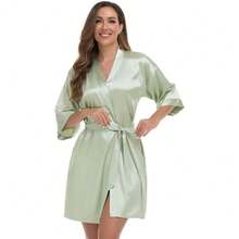 VOGUEMAX Women's Short Kimono Robe Silky Satin Bathrobe Bride Bridesmaids Getting Ready Sleepwear Soft Nightgown - 鼠尾草綠 - 查看 4