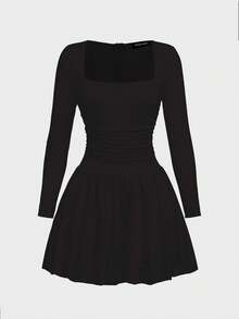 Elegant Daily Vintage French Style Long Sleeve Dress, Square Neck Pleated Cinched Waist A-Line Flare Hem Mini Dress - Black - View 2