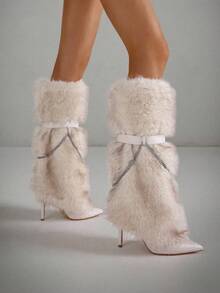 Women's Pointed Toe Stiletto Heels Fluffy Fur Boots Fashion Y2K Halloween Party Furry Fur Knee High Boots With Metal Chain Lace-Up Party Comfy Outdoor Fall Winter Furry Long Boots For Christmas Party - 杏色 - 查看 2