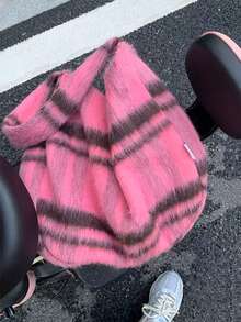 Niche Design Fuzzy Plaid Shoulder Bag, Large Capacity Fashion Canvas Autumn/Winter Tote Bag For Women, Commuting & Daily Use - Multicolor - View 4