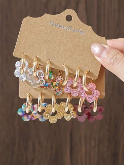 6pcs/12pcs Fashionable & Cute Colorful Sequin Flower Pendant Earring Set, Unique Design Elegant & Versatile Women Earrings Gift