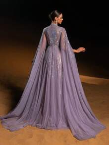 Faeriesty Haute Glamour Gorgeous Sheer Tulle Evening Gown With Cape Sleeves, Intricate Sparkly Beaded & Sequin Linear Geometric Patterns, Fitted Waist & A-Line Skirt | Glamorous Formal Design | Perfect For Red-Carpet Events, Wedding Guest Attire, Proms, And Upscale Evening Parties For Women