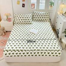3 件简约数码印花柔软舒适床上用品套装，包括 1 件床笠和 2 件枕套，豹纹、心形、花朵、玫瑰图案，数码印花技术，清新风格床上用品套装适用于卧室、客房、特大号/大号/单人床，亲肤、透气、双面、四季皆宜，可机洗