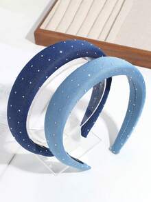 3/1pc Fashion Denim Rhinestone Fabric Headband, Minimalist Wide-Brim Headwear Suitable For Daily Commute And Work