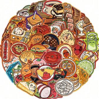 50张可爱食物零食卡通美学趣味卡通贴纸涂鸦车身贴装饰行李箱吉他汽车滑板记事本