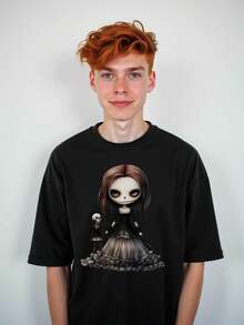 Doll With Skeleton Doll Friend, Stylish T- Shirt, Gym Clothes Men, Lightweight And Breathable, Perfect For Long Travel Days, Casual T-Shirt Graphic Tees, Graphic Tees, 100 Percent Cotton Shirts, Black Street Graphic Tees, Men's T-Shirt, Funny Graphic Vintage T Shirts, S-XXXL - 黑色-4 - 查看 2