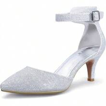 Women's IN3 D'Orsay Pumps Low Kitten Heels For Women Dress Shoes Pointed Closed Toe Wedding Bride Ankle Strap Dressy Silver Black Nude White Gold Heels For Women-2025 - Silver Glitter - 查看 1