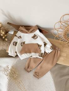 2Pcs/Set Toddler Baby Boy Clothes Bear Print Fleece Long Sleeve Hooded Sweatshirt & Long Pants Thickened Autumn/Winter - Brown - View 6