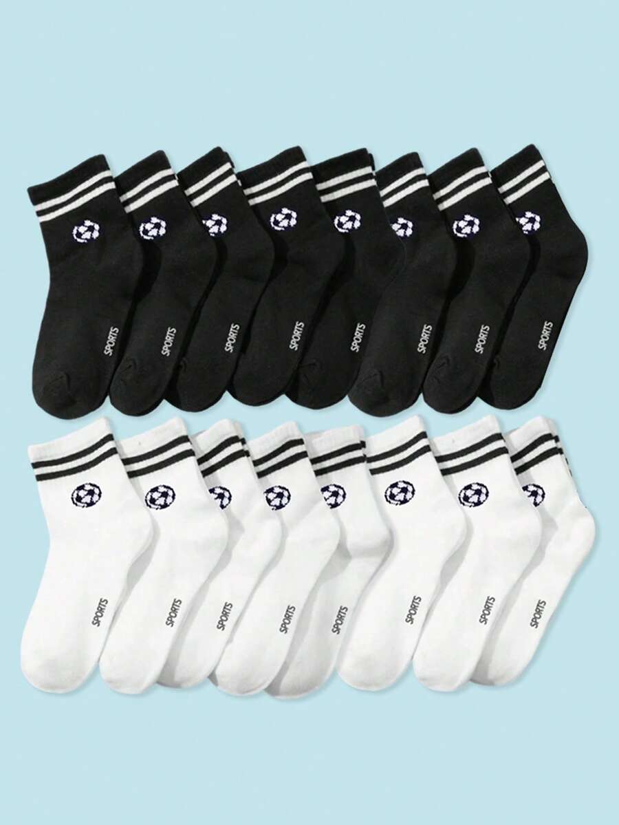 8 Pares de Meias Infantis Listradas Simples e com Estampa de Texto em Inglês, Meias Versáteis de Cano Médio para Meninos e Meninas Adolescentes, Adequadas para Uso Casual Diário com Gráfico de Futebol