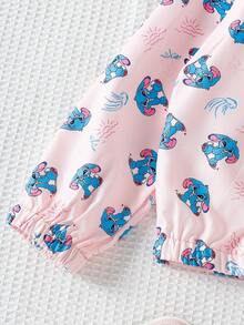 Young Girls Casual Cute Cartoon Elephant & Strawberry All-Over Print Long Sleeve Hooded Jacket, Girls Lightweight Jacket, Spring/Autumn, Pink