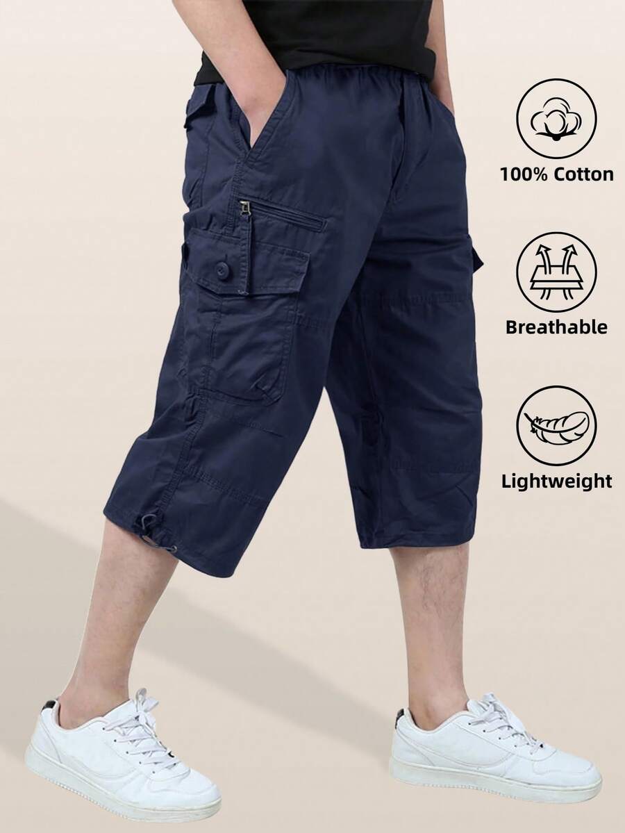 Men's Cotton Hiking Capri Shorts Casual Street 3/4 Length Summer Cargo Cropped Pants Lightweight Below Knee Length Shorts With 7 Pockets, Navy Blue - 藏蓝色 - 查看 1