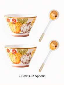 2/4 件陶瓷碗勺套装，南瓜图案餐具，400 毫升/13.5 盎司乡村风格早餐燕麦碗、酸奶碗、沙拉碗、甜点碗，适用于洗碗机、烤箱、微波炉，适用于家庭、厨房、餐厅、派对、宴会、万圣节礼物 - 彩色 - 查看 13