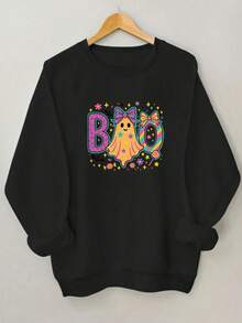 Sudadera de cuello redondo de manga larga para mujer talla grande de otoño e invierno, con elementos personalizados de Halloween, diseño lindo de fantasma y letras, sudadera de manga larga para mujer talla grande de otoño e invierno