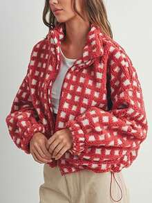 Sherpa Checkered Jacket For Women Plaid Zip Up Fleece Jacket With Pockets Winter Fall Fuzzy Cropped Coats - 紅色 - 查看 3