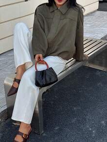 Seelio Autumn/Winter New Vintage Style Women Casual Versatile Suede-Like Green Jacket - Army Green - View 7