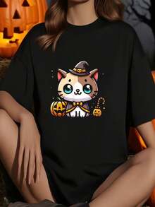 Halloween Cat Womens Funny Fall Pumpkin Cat Lover Cute T-Shirt         Graphic Tees Women Crop Tops Summer Outfits For Women Summer Tops T-Shirt - Black - View 1