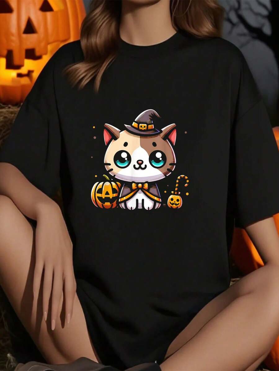 Halloween Cat Womens Funny Fall Pumpkin Cat Lover Cute T-Shirt         Graphic Tees Women Crop Tops Summer Outfits For Women Summer Tops T-Shirt - Black - View 1