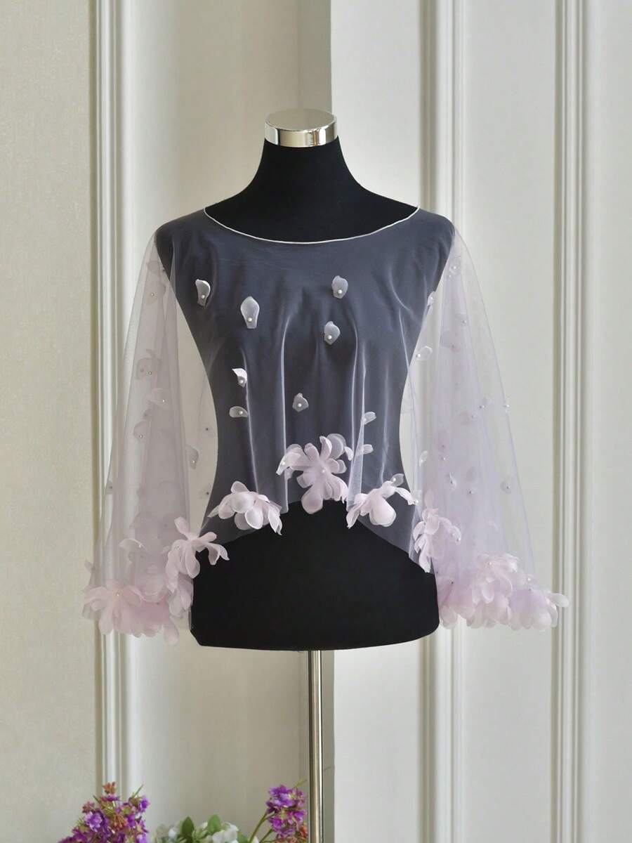 1 Stück perlenbestickter Blumen-Hochzeits-Schal-Pullover-Weste, 3D Blumen Dekor Braut-Schal Accessoire