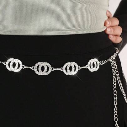 1 قطعة سلسلة خصر فاخرة للنساء، تصميم مزدوج مجوف مرصع بالراين ستون، مناسبة للارتداء اليومي والمناسبات الرسمية والحفلات، تناسب ارتداءها مع الفساتين