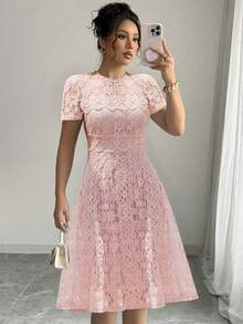 Vestido de novia elegante de cuello redondo, manga corta y falda de encaje para dama de honor, novia, fiesta de compromiso, fiesta de soltera, fiesta de cóctel, fiesta formal, baile de graduación - Rosa vieja - Ver 1