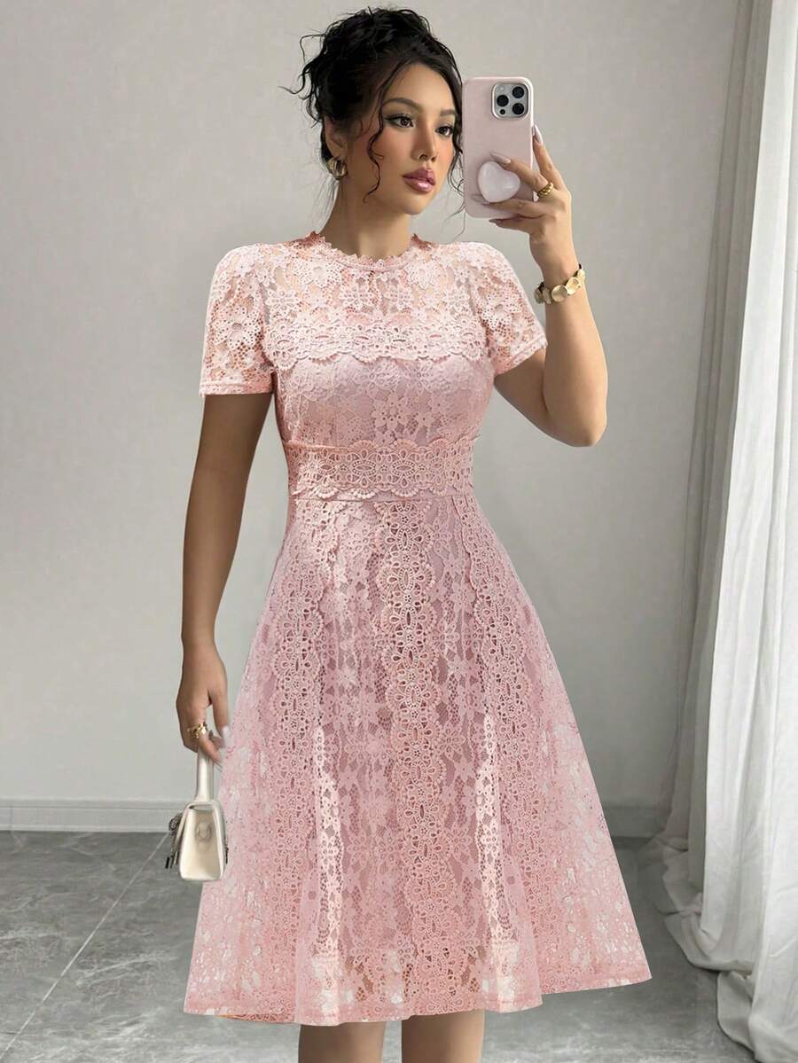 Vestido de novia elegante de cuello redondo, manga corta y falda de encaje para dama de honor, novia, fiesta de compromiso, fiesta de soltera, fiesta de cóctel, fiesta formal, baile de graduación - Rosa vieja - Ver 1