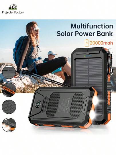 LIPETY Solar Charger, Solar Charger Power Bank, 20000mAh Portable Outdoor Waterproof Solar Battery Charger, Camping External Backup Battery Pack USB C Ports Input/Output, 2 Led Light Flashlight With Compass (Orange) Perfect For Camping, Travel, Fishing Outdoor Solar Power Bank