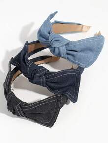 3/1pc Simple Versatile Denim Headband With Bow Knot Wide Hairband, Suitable For Daily, Commute, School, Work