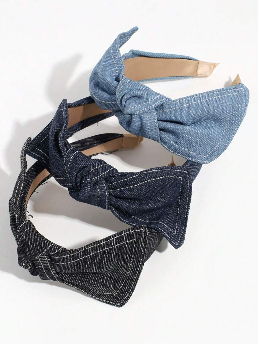 3/1pc Simple Versatile Denim Headband With Bow Knot Wide Hairband, Suitable For Daily, Commute, School, Work