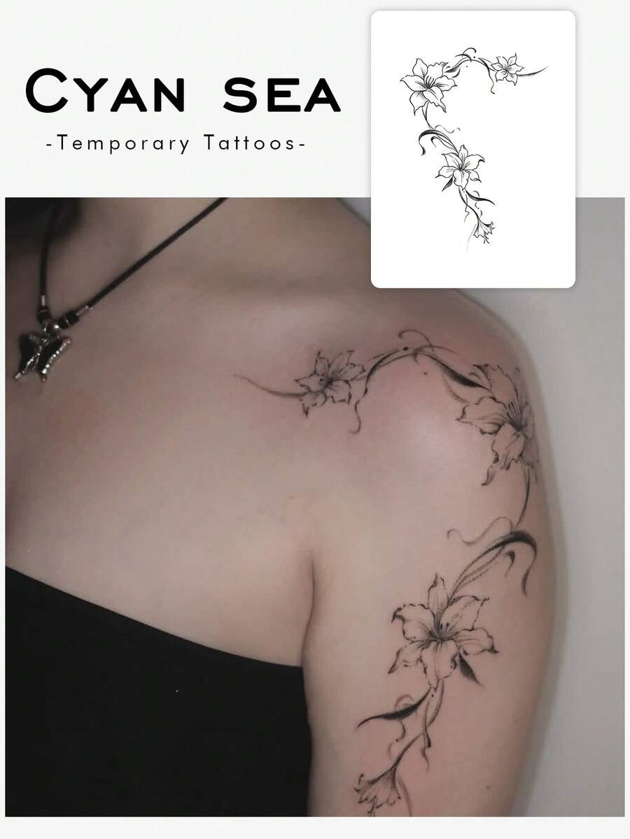1pc Chinese Style Floral Temporary Tattoo Sticker, Waterproof PVC Material, One-Time Use, Non-Reflective, Realistic Tattoo Design, Suitable For Arm, Ideal For Fashion-Conscious Daily Use - Black - View 1