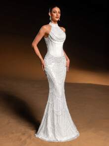 Elisanya 情人节高级魅力奢华高领无袖美人鱼晚礼服，饰以珠饰亮片刺绣、束腰设计和鱼尾廓形——完美适用于婚礼、红毯活动、晚宴、正式晚宴、新年装扮、生日装扮、夏季假日派对等场合。 - 白色 - 查看 9