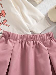 秋冬女宝宝可爱美式学院风休闲粉色蝴蝶印花上衣和粉色百褶裙套装 - 粉色 - 查看 9