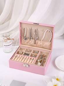 صندوق مجوهرات ذو طبقتين سعة كبيرة، صندوق تخزين مجوهرات محمول، صندوق مجوهرات للزينة، صندوق مجوهرات هدية من الجلد، حاوية عرض فاخرة للتخزين، صندوق مجوهرات متعدد الوظائف من جلد البولي يوريثان مع قفل لساعة، صندوق تخزين، صندوق تخزين خاتم وأقراط وقلادة، صندوق تخزين مجوهرات منزلي، صندوق منظم مجوهرات