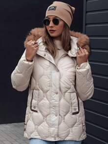 Gesteppte Winterjacke für Damen mit abnehmbarer Kapuze und Kunstfell, schmaler Passform, verstellbaren Seitenteilen, Reißverschluss und Druckknopfverschluss, eine elegante und warme Oberbekleidung mit Taschen, perfekt für Winterspaziergänge und Alltagslooks