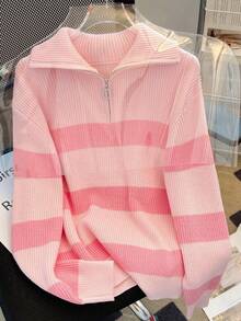 大码女装秋冬新款方拉链条纹针织毛衣，时尚高端简约可爱优雅套头衫，百搭粉色 - 粉色 - 查看 3