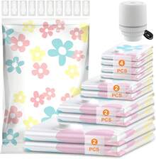 10 Piezas Bolsas de Almacenamiento al Vacío con Bomba Eléctrica, Bolsas de Compresión que Ahorran Espacio, Almacenamiento Reutilizable para Ropa, Almohadas y Edredones (flor) - Flor - Ver 8
