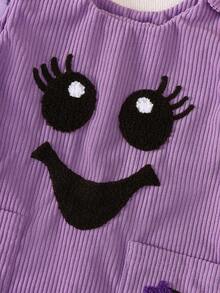 3pcs/Set Baby Girls' Halloween Ghost Print Purple Romper And Cute Ghost Face Embroidered Suspender Skirt Set, Essential Halloween Outfit - Purple - View 6