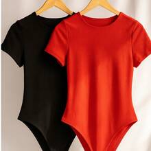 Kit 2 Women's Bodysuit Short Sleeve Elegant Suplex Bodysuit Elegant Casual Look Comfortable Bodysuit Basic And Stylish Fashion Simple Casual Fabric Simple Casual Knitted - 黑色紅色 - 查看 2