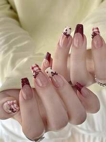 10片装纯色按压式美甲贴片，长款棺材形美甲，酒红色系列，手绘格子爱心法式波点立体红色蝴蝶结装饰，温柔优雅可爱，适合女士和女孩春夏秋冬节日派对及日常生活美甲用品，手工按压式美甲贴片 - 紅白色 - 查看 2