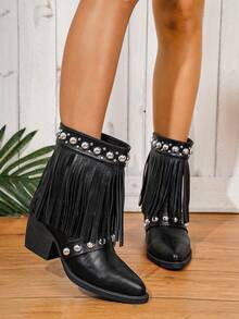 Botas cortas con tacón grueso, estilo retro occidental, con remaches, tachuelas y flecos decorativos, para mujer, nuevas para otoño/invierno 2025. Moda versátil de estilo callejero, adecuadas para fiestas, reuniones, elegantes botas negras.